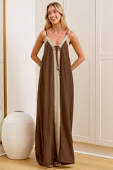 Alani Maxi Dress - V Neck Spaghetti Strap Trapeze Dress in Brown