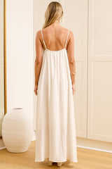 Alani Maxi Dress - V Neck Spaghetti Strap Trapeze Dress in Cream