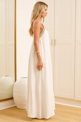 Alani Maxi Dress - V Neck Spaghetti Strap Trapeze Dress in Cream