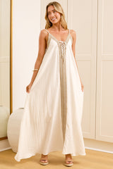 Alani Maxi Dress - V Neck Spaghetti Strap Trapeze Dress in Cream