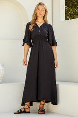 Alba Maxi Dress - Buttoned Bodice A Line Dress in Black