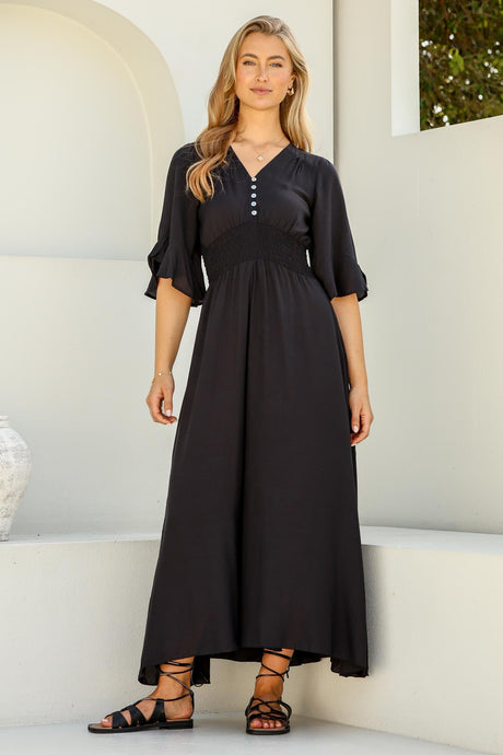 Alba Maxi Dress - Buttoned Bodie A Line Dress With Flute Sleeves In Black