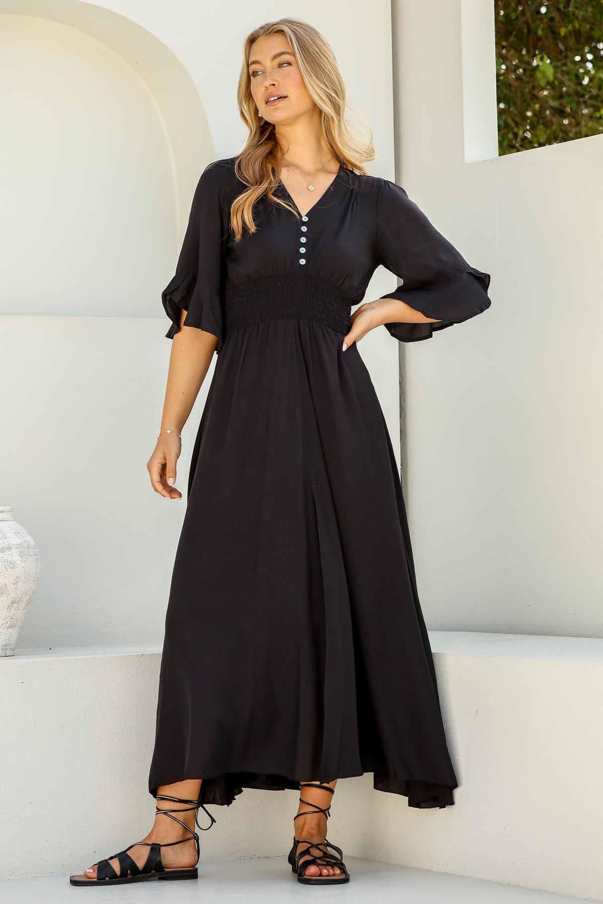 Alba Maxi Dress - Buttoned Bodice A Line Dress With Flute Sleeves In Black