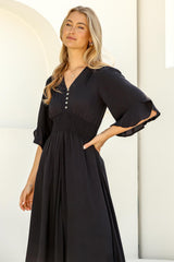 Alba Maxi Dress - Buttoned Bodice A Line Dress With Flute Sleeves In Black