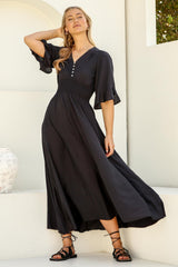 Alba Maxi Dress - Buttoned Bodice A Line Dress With Flute Sleeves In Black