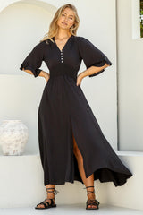 Alba Maxi Dress - Buttoned Bodice A Line Dress in Black