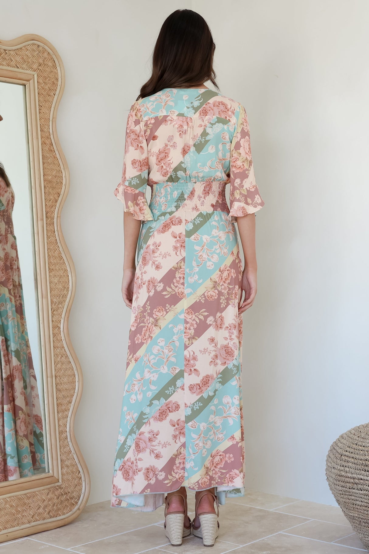 Alba Maxi Dress - Buttoned Bodice A Line Dress With Flute Sleeves In Clavelle Print