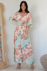 Alba Maxi Dress - Buttoned Bodice A Line Dress With Flute Sleeves In Clavelle Print