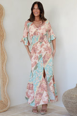 Alba Maxi Dress - Buttoned Bodice A Line Dress With Flute Sleeves In Clavelle Print