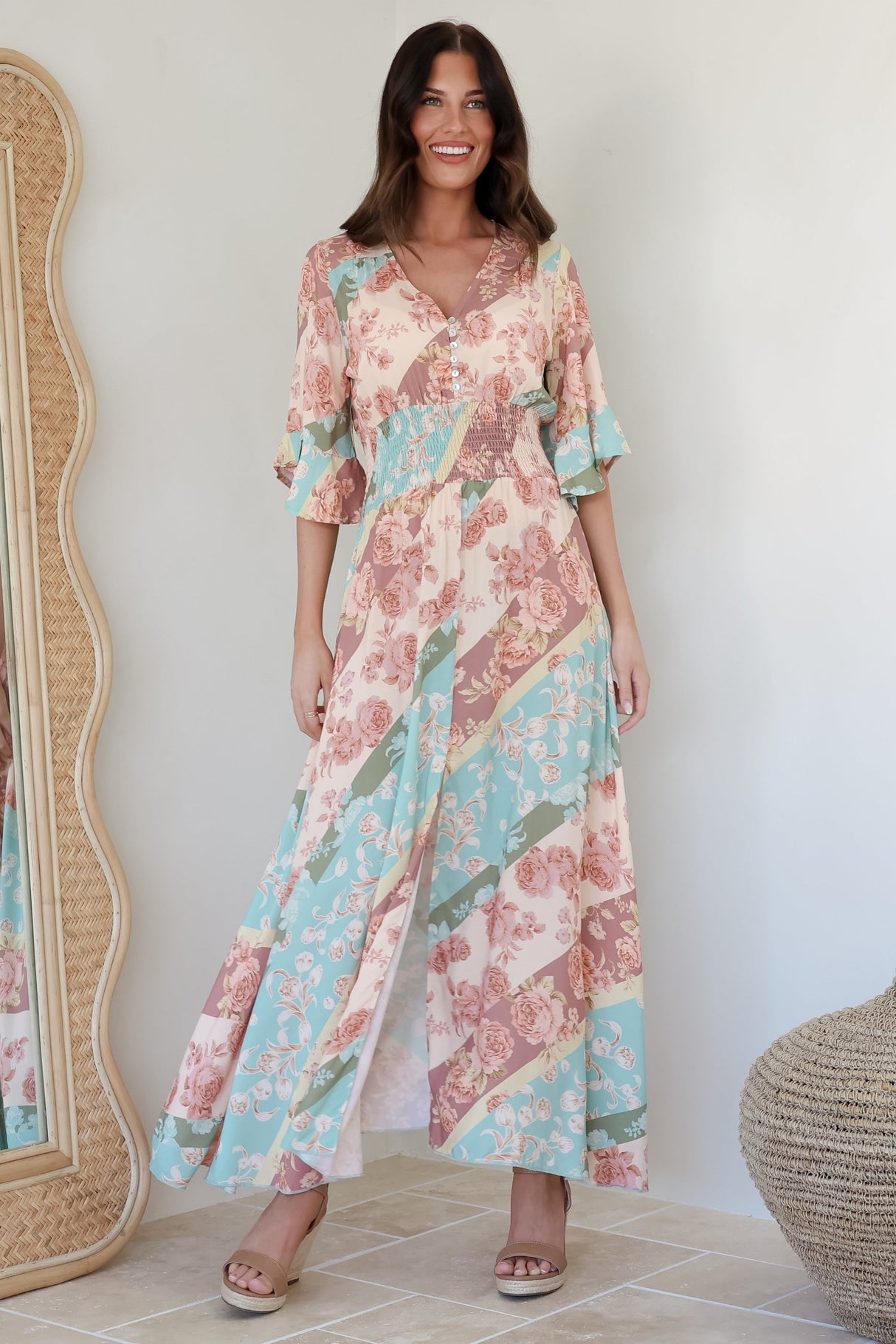 Alba Maxi Dress - Buttoned Bodice A Line Dress With Flute Sleeves In Clavelle Print