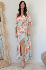 Alba Maxi Dress - Buttoned Bodice A Line Dress With Flute Sleeves In Clavelle Print