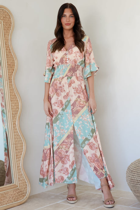 Alba Maxi Dress - Buttoned Bodice A Line Dress With Flute Sleeves In Clavelle Print