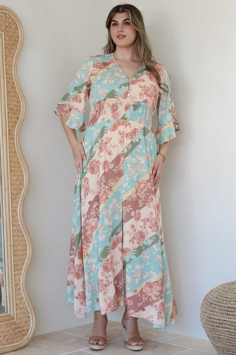 Alba Maxi Dress - Buttoned Bodice A Line Dress With Flute Sleeves In Clavelle Print