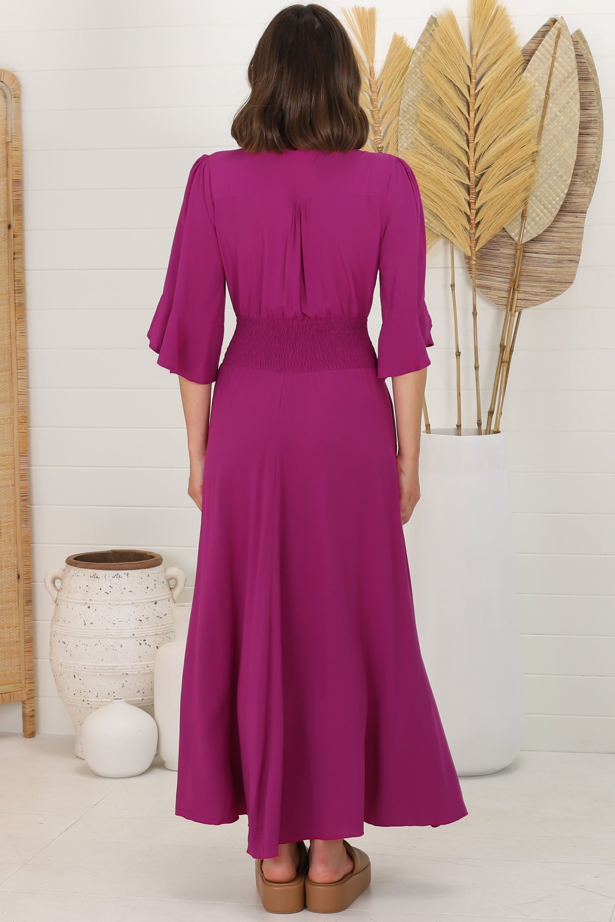 Alba Maxi Dress - Buttoned Bodie A Line Dress With Flute Sleeves In Magenta