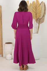 Alba Maxi Dress - Buttoned Bodice A Line Dress With Flute Sleeves In Magenta