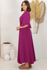 Alba Maxi Dress - Buttoned Bodie A Line Dress With Flute Sleeves In Magenta