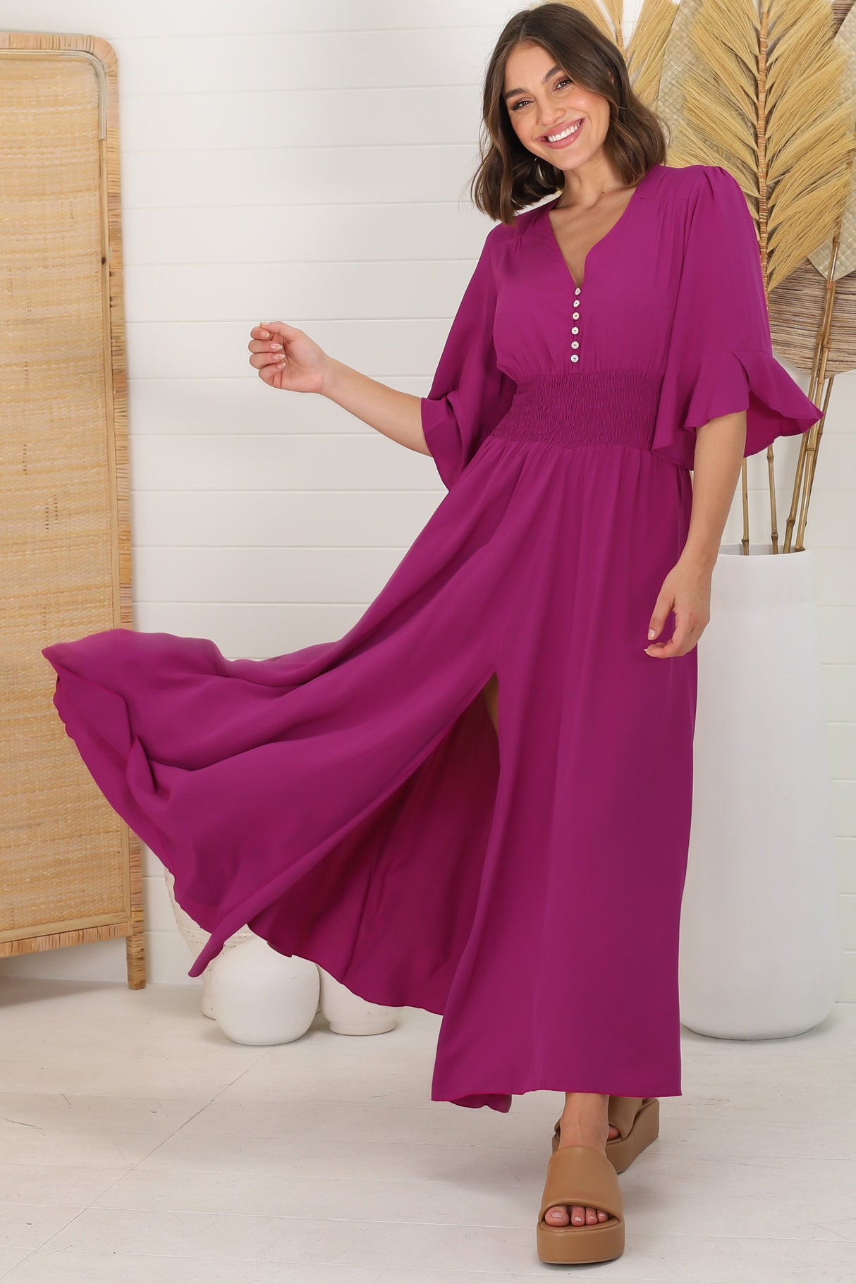 Alba Maxi Dress - Buttoned Bodice A Line Dress With Flute Sleeves In Magenta