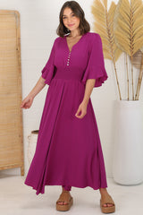 Alba Maxi Dress - Buttoned Bodice A Line Dress With Flute Sleeves In Magenta