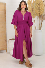 Alba Maxi Dress - Buttoned Bodie A Line Dress With Flute Sleeves In Magenta