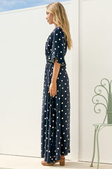 Alba Maxi Dress - Buttoned Bodice A Line Dress in Parisian Polka Navy
