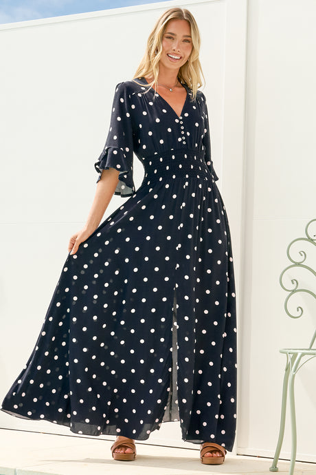Alba Maxi Dress - Buttoned Bodice A Line Dress in Parisian Polka Navy
