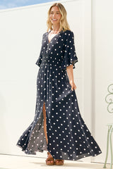 Alba Maxi Dress - Buttoned Bodice A Line Dress in Parisian Polka Navy