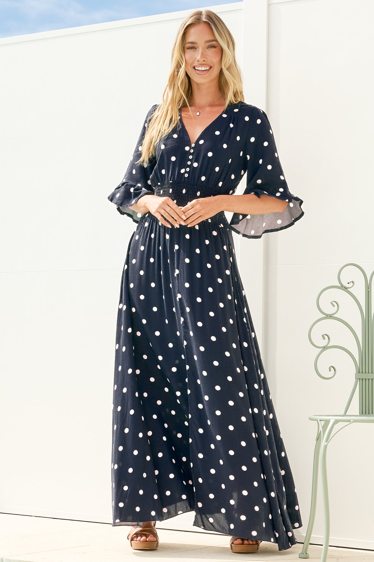 Alba Maxi Dress - Buttoned Bodice A Line Dress in Parisian Polka Navy