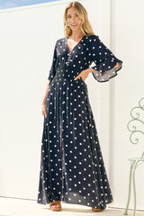 Alba Maxi Dress - Buttoned Bodice A Line Dress in Parisian Polka Navy