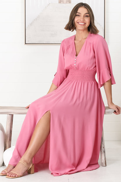 Alba Maxi Dress - Buttoned Bodie A Line Dress with Flute Sleeves in Pink
