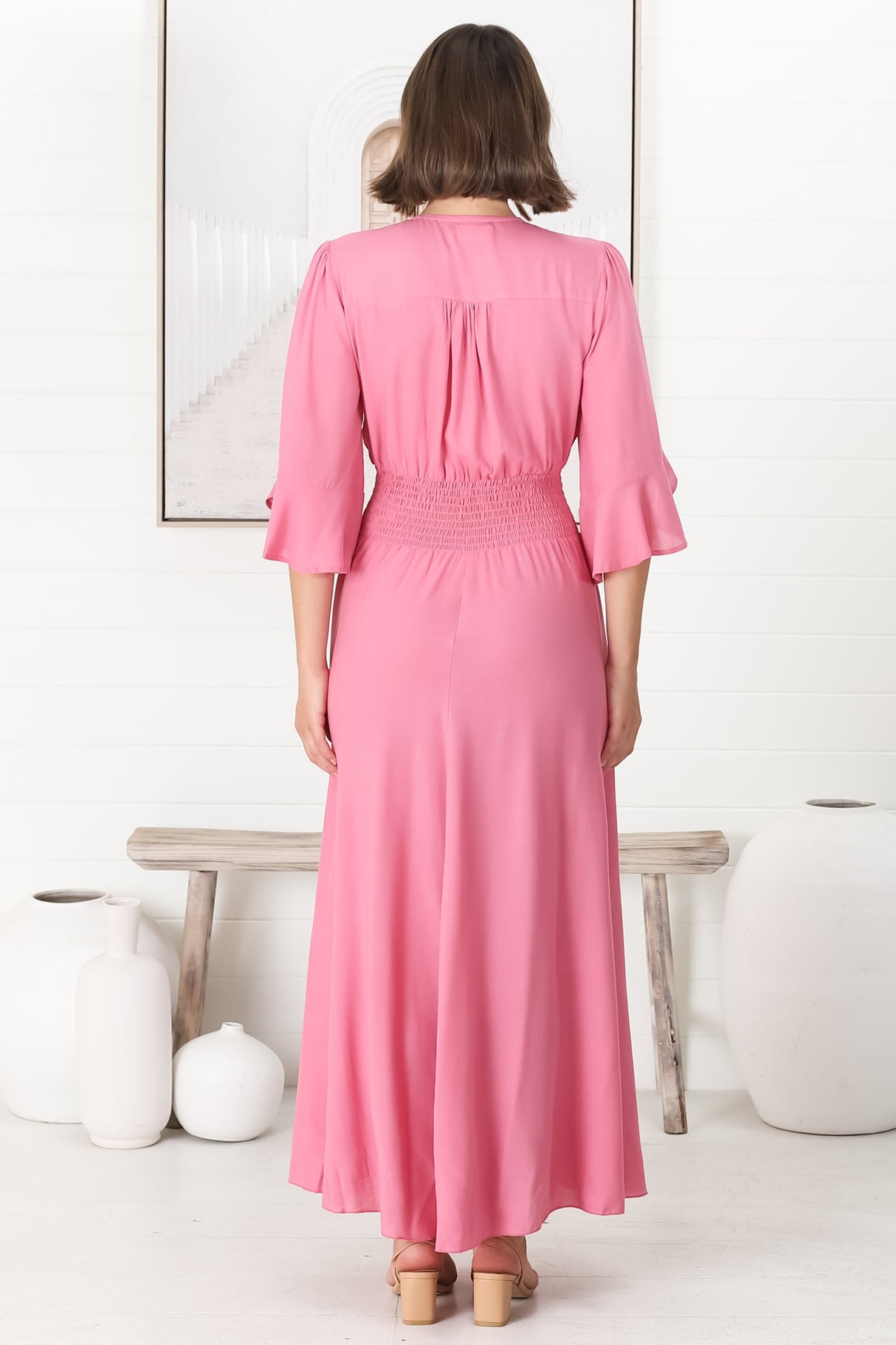 Alba Maxi Dress - Buttoned Bodice A Line Dress with Flute Sleeves in Pink