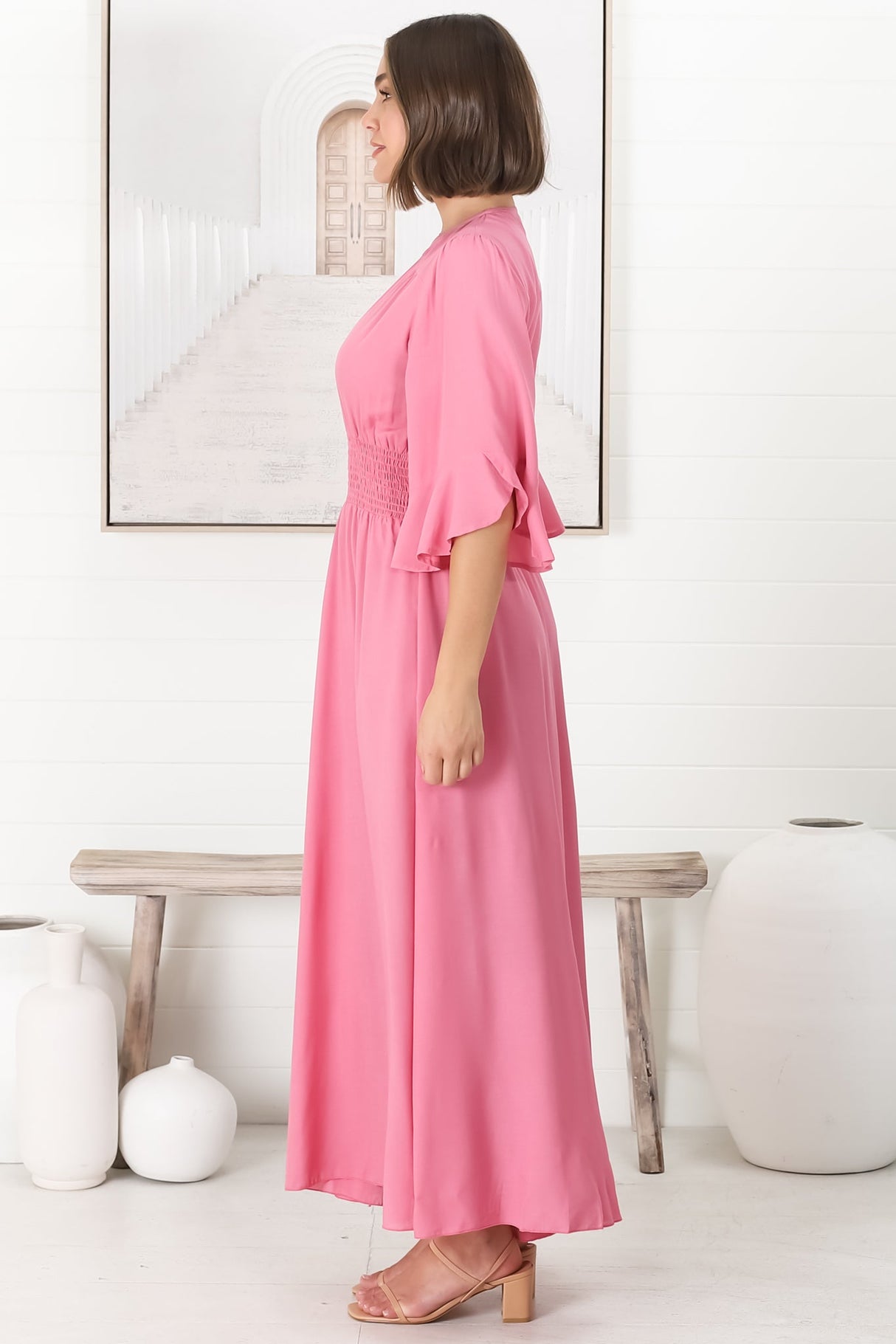 Alba Maxi Dress - Buttoned Bodie A Line Dress with Flute Sleeves in Pink