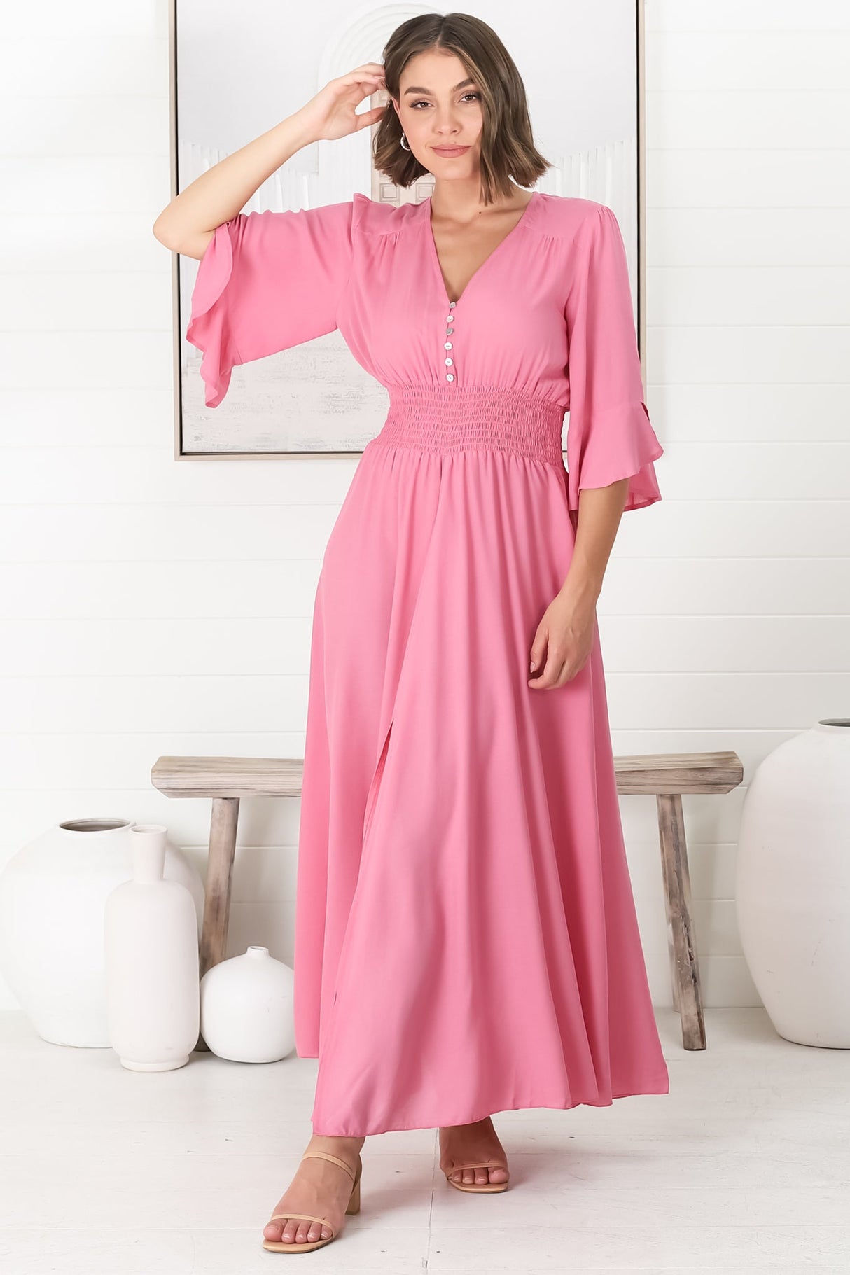 Alba Maxi Dress - Buttoned Bodice A Line Dress with Flute Sleeves in Pink