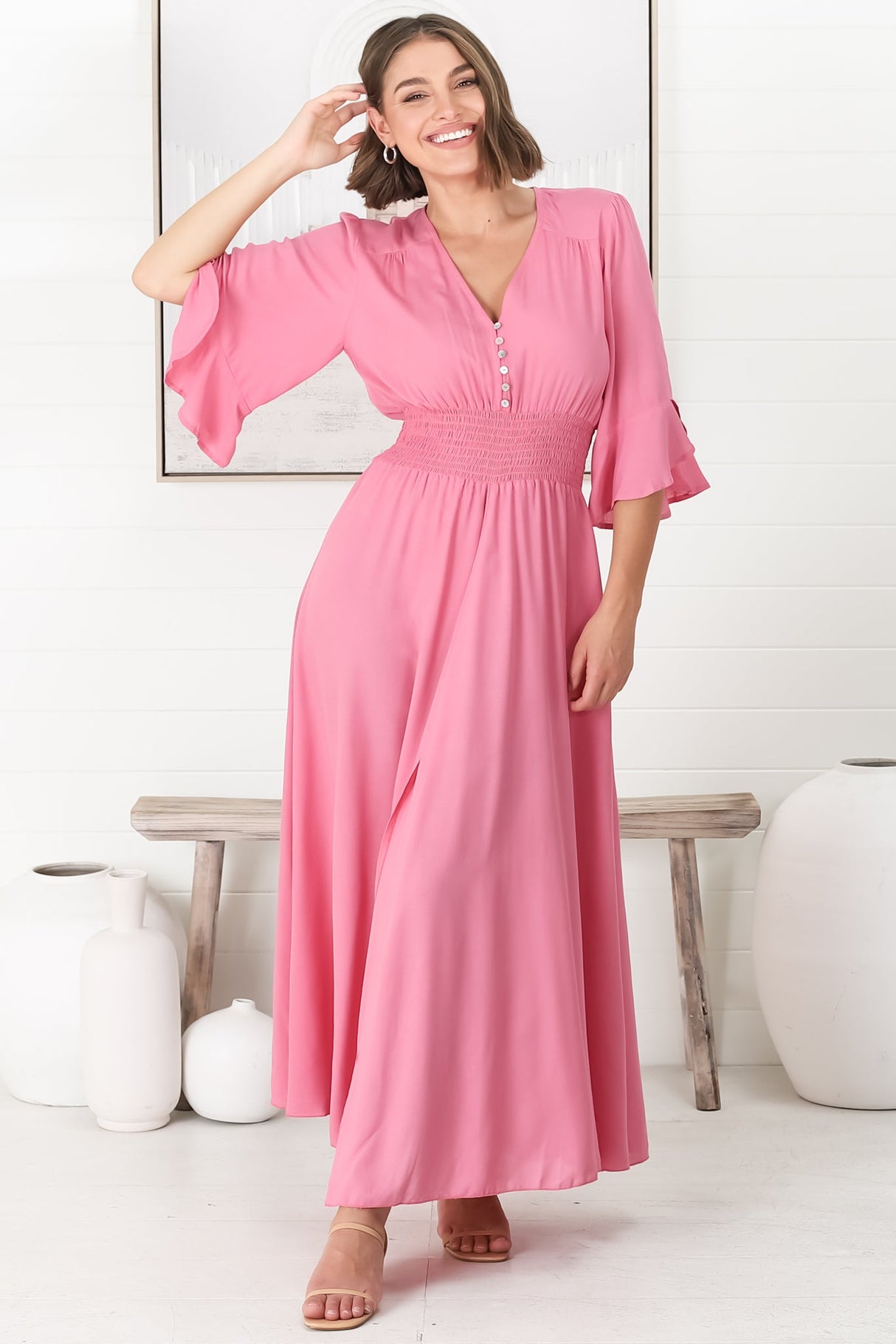 Alba Maxi Dress - Buttoned Bodie A Line Dress with Flute Sleeves in Pink