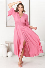 Alba Maxi Dress - Buttoned Bodie A Line Dress with Flute Sleeves in Pink