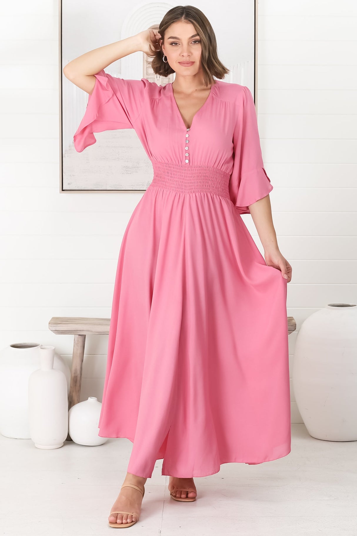 Alba Maxi Dress - Buttoned Bodice A Line Dress with Flute Sleeves in Pink