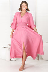 Alba Maxi Dress - Buttoned Bodie A Line Dress with Flute Sleeves in Pink