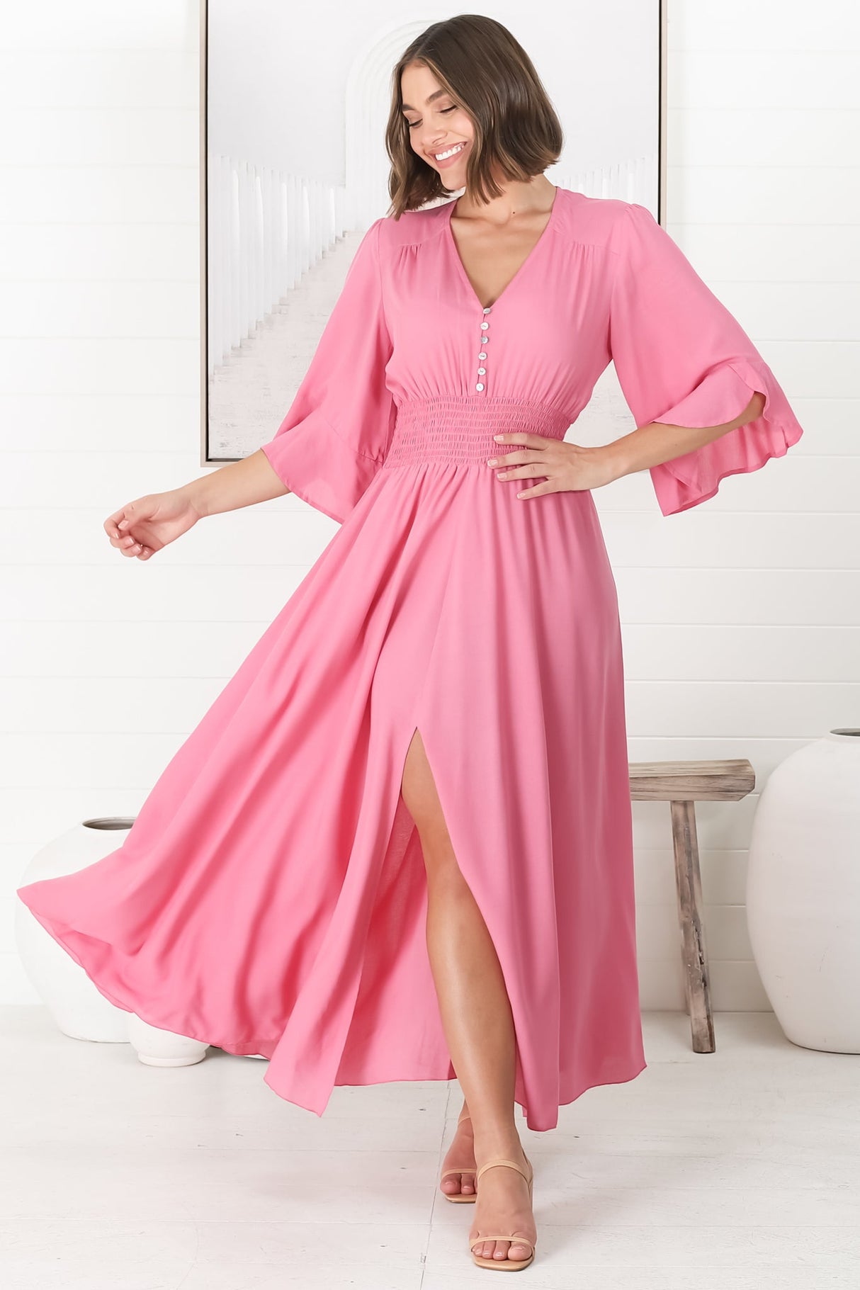 Alba Maxi Dress - Buttoned Bodice A Line Dress with Flute Sleeves in Pink