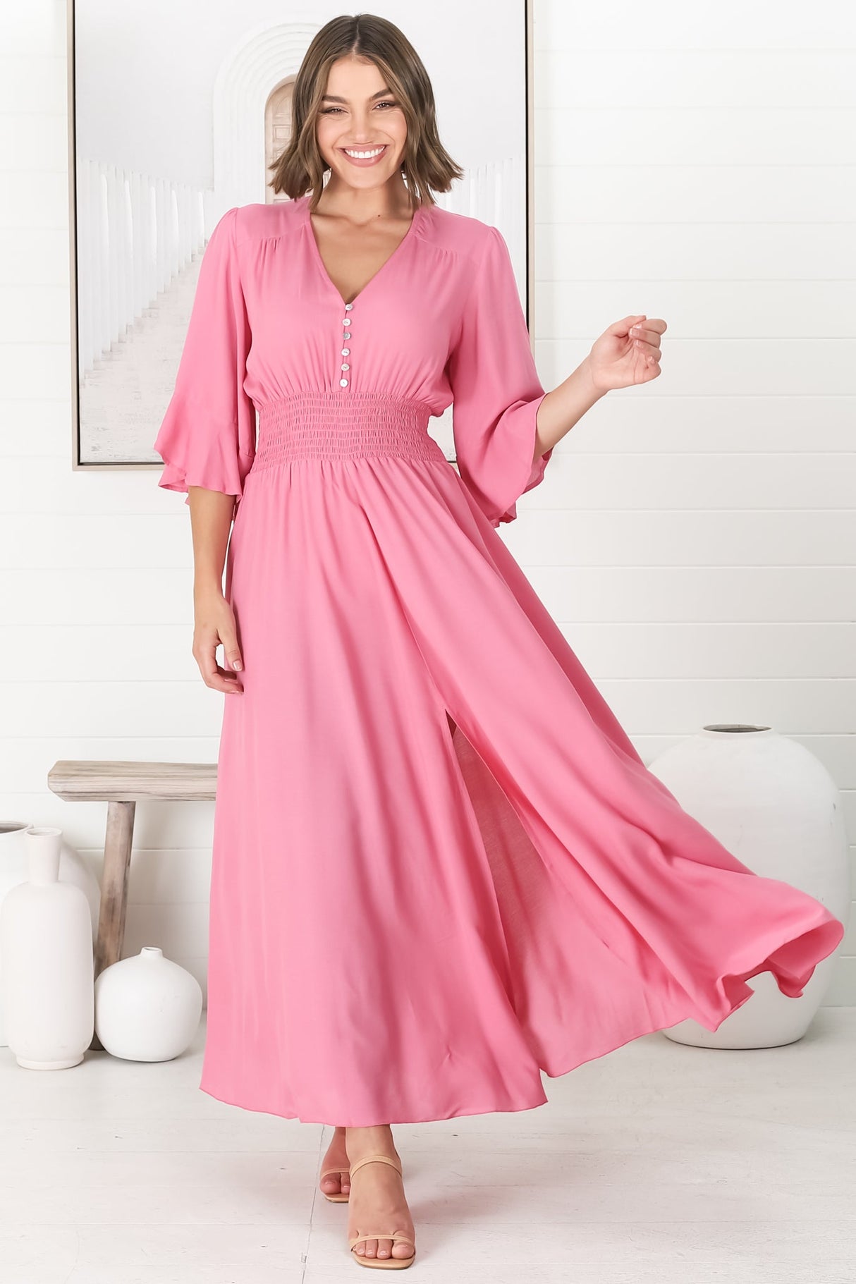 Alba Maxi Dress - Buttoned Bodie A Line Dress with Flute Sleeves in Pink