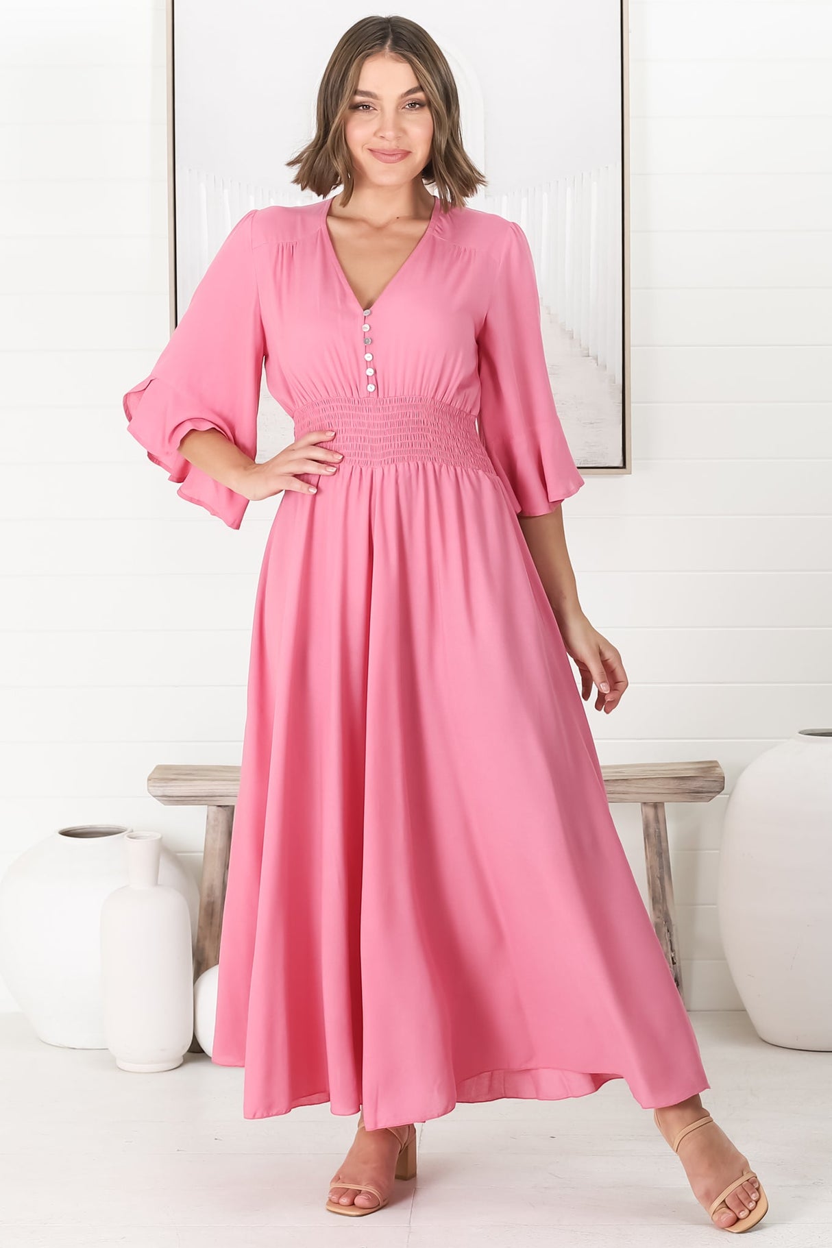 Alba Maxi Dress - Buttoned Bodice A Line Dress with Flute Sleeves in Pink