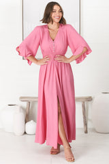 Alba Maxi Dress - Buttoned Bodie A Line Dress with Flute Sleeves in Pink