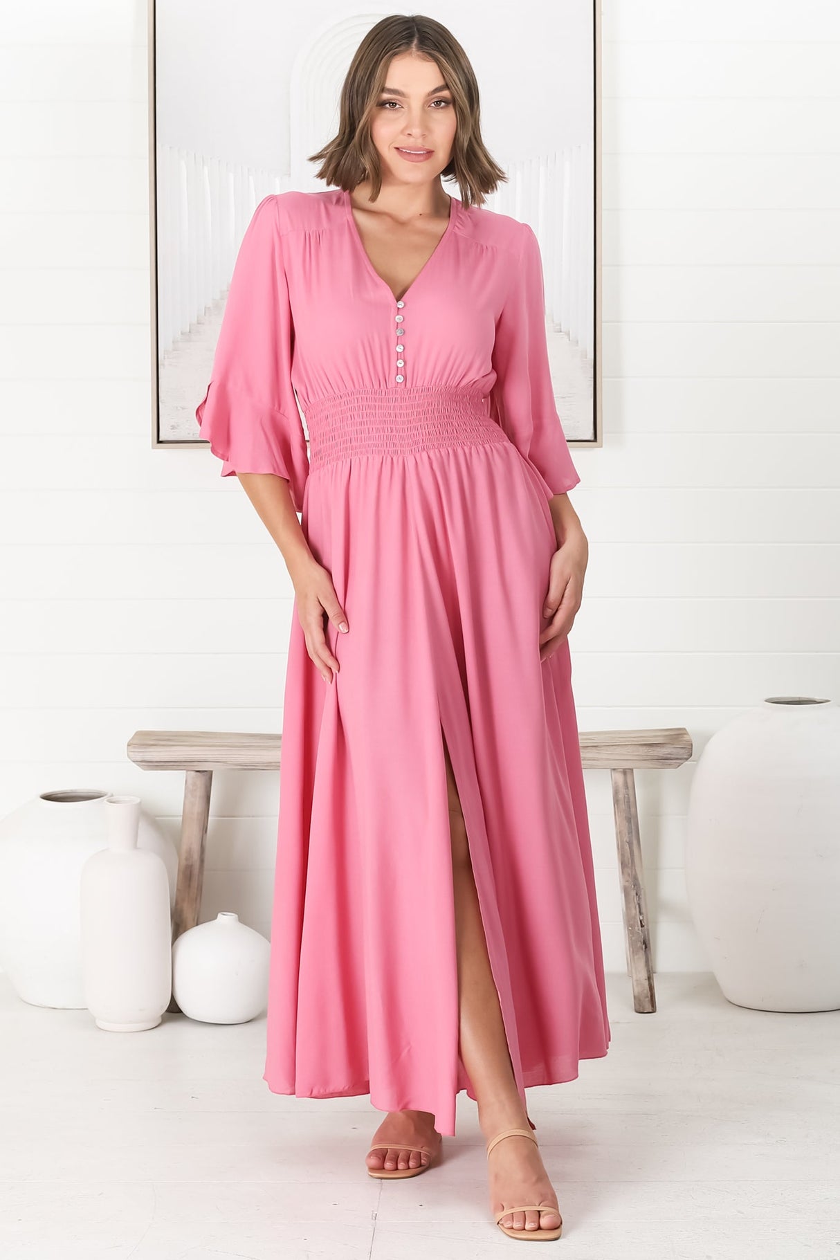 Alba Maxi Dress - Buttoned Bodie A Line Dress with Flute Sleeves in Pink