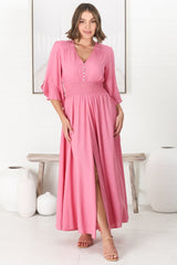 Alba Maxi Dress - Buttoned Bodice A Line Dress with Flute Sleeves in Pink