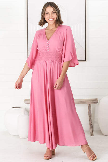 Alba Maxi Dress - Buttoned Bodie A Line Dress with Flute Sleeves in Pink