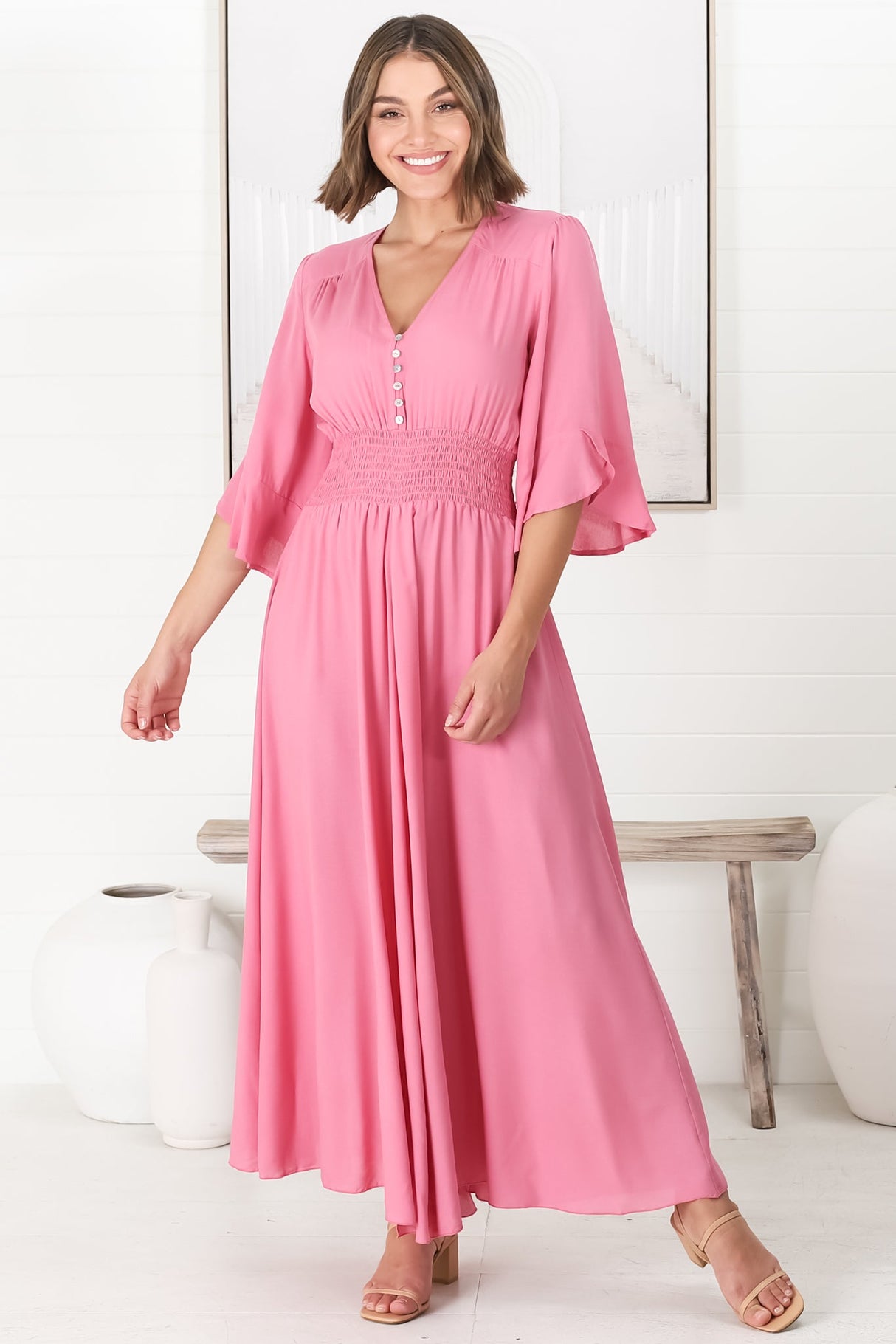 Alba Maxi Dress - Buttoned Bodice A Line Dress with Flute Sleeves in Pink