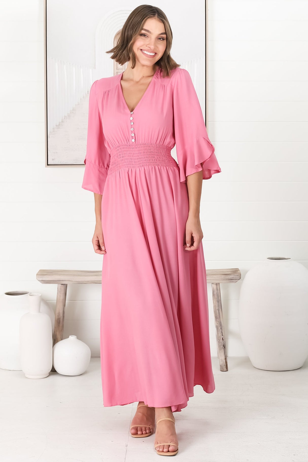 Alba Maxi Dress - Buttoned Bodie A Line Dress with Flute Sleeves in Pink