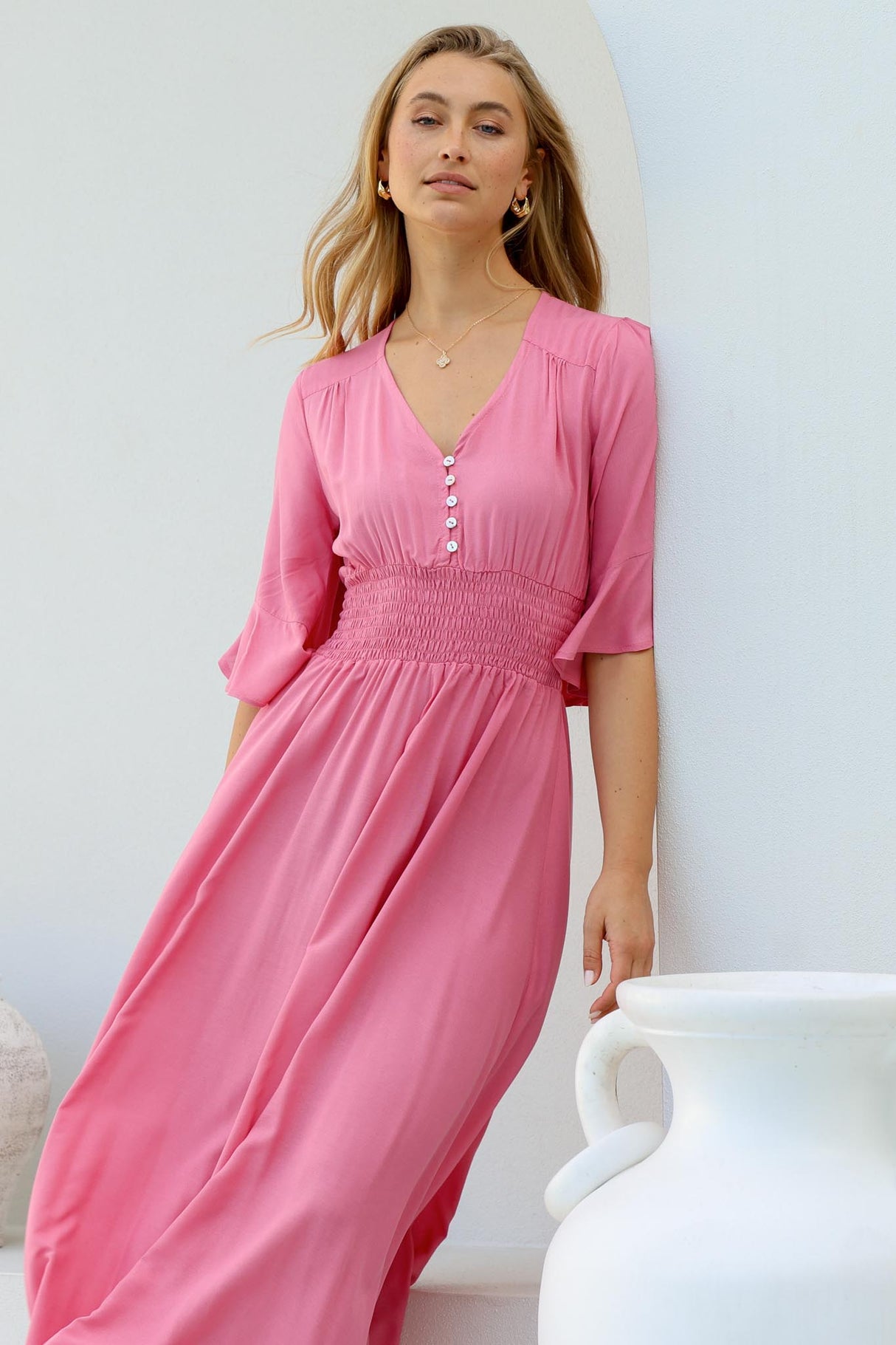 Alba Maxi Dress - Buttoned Bodie A Line Dress with Flute Sleeves in Pink