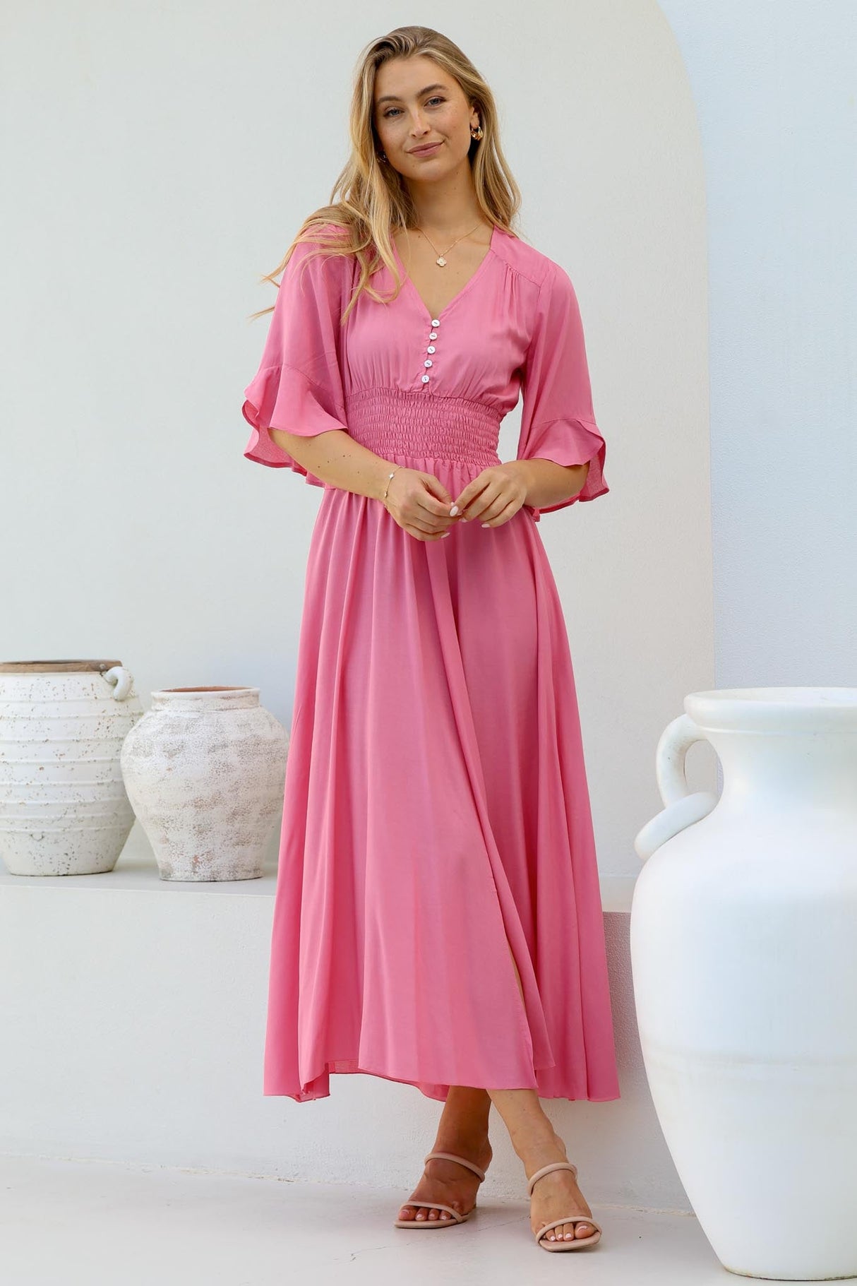 Alba Maxi Dress - Buttoned Bodie A Line Dress with Flute Sleeves in Pink