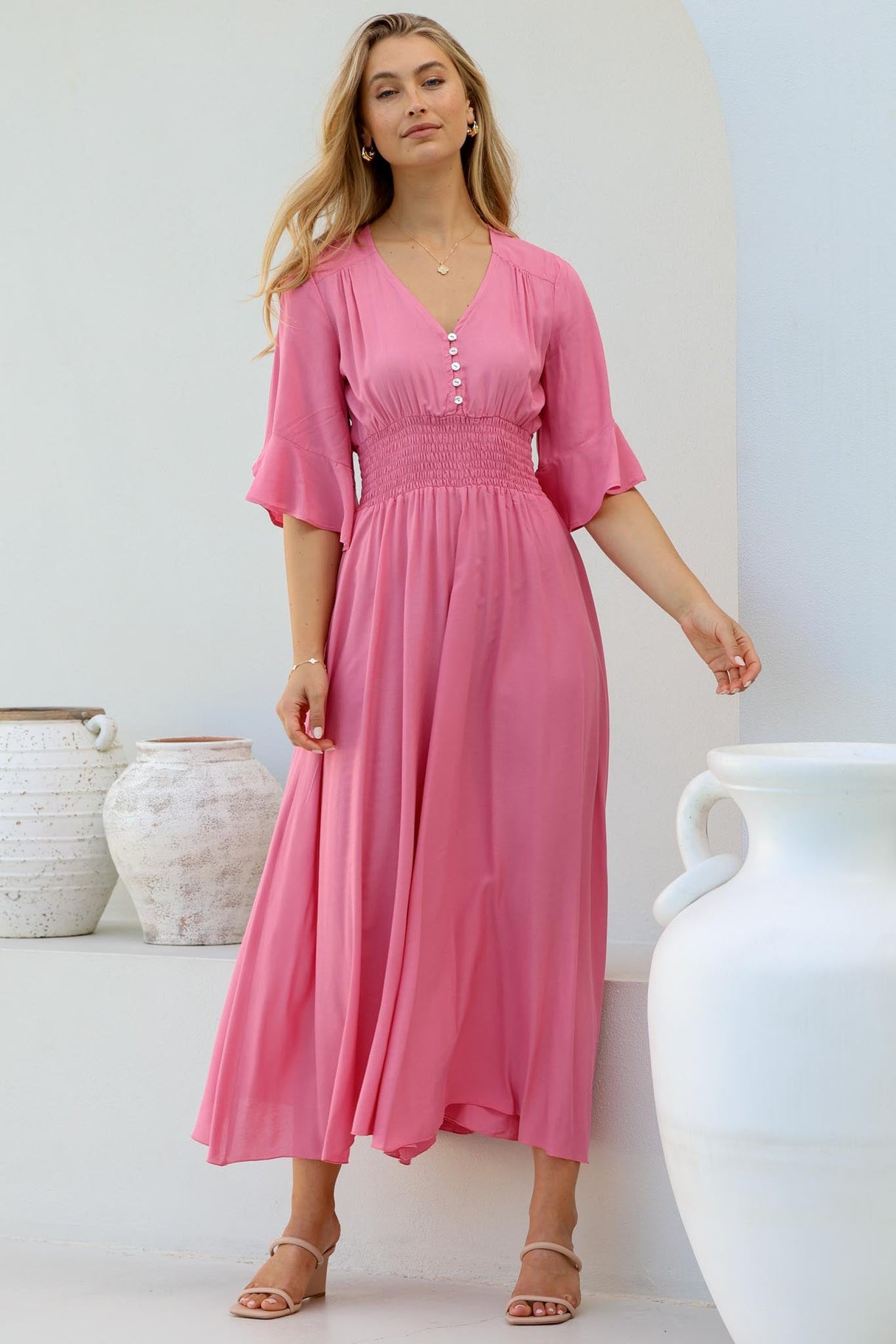 Alba Maxi Dress - Buttoned Bodice A Line Dress with Flute Sleeves in Pink