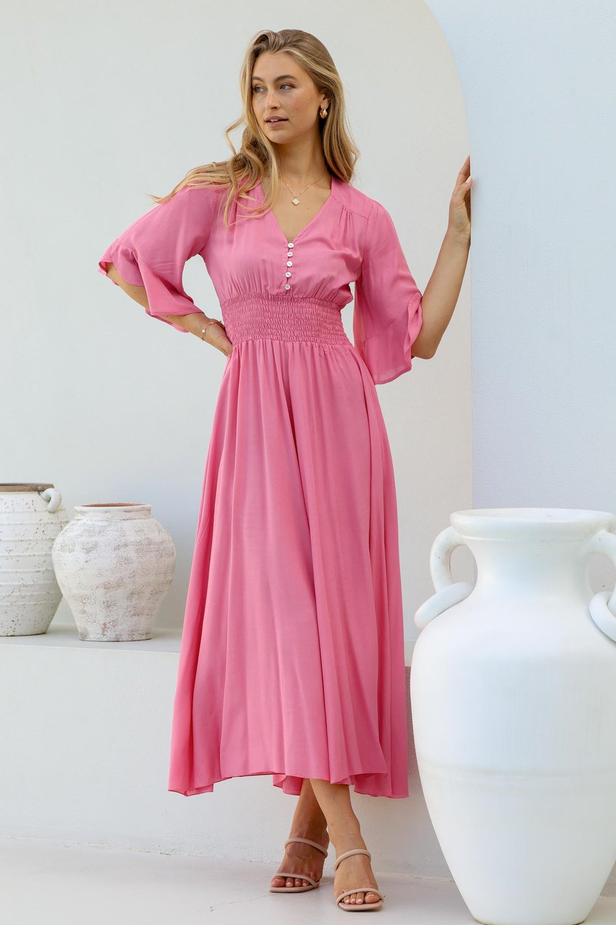 Alba Maxi Dress - Buttoned Bodie A Line Dress with Flute Sleeves in Pink