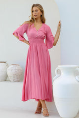 Alba Maxi Dress - Buttoned Bodice A Line Dress with Flute Sleeves in Pink